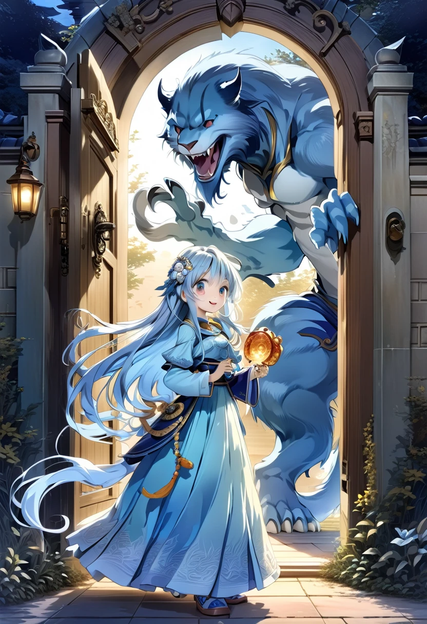 Light blue long hair、Twin-tailed Girl、holding a big key、Bright smile、Standing in front of a large magical door guarded by a scary beast、profile、