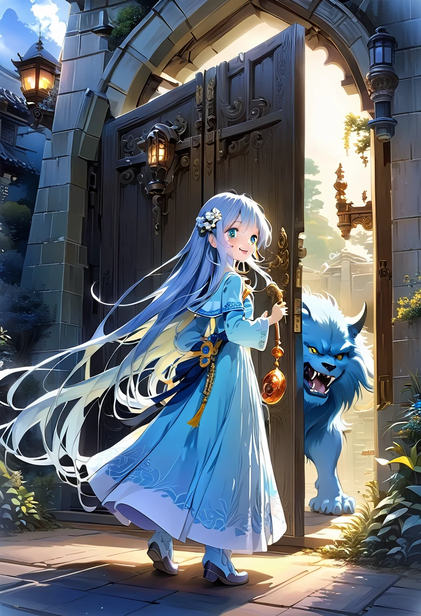 Light blue long hair、Twin-tailed Girl、holding a big key、Bright smile、Standing in front of a large magical door guarded by a scary beast、profile、