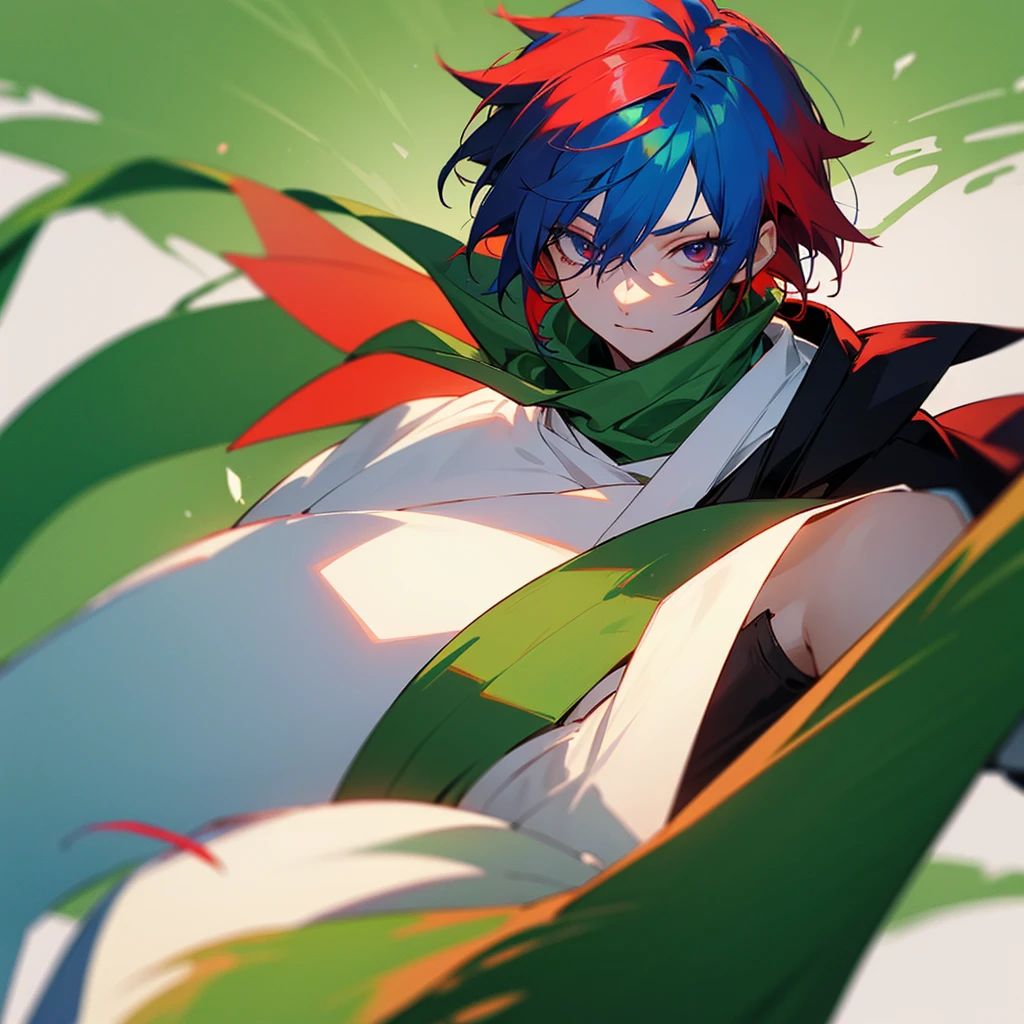 Character with red and blue hair with dark circles under his eyes and wears a green scarf called yotsu anime