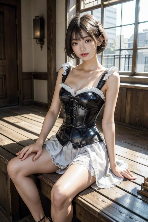masterpiece, 1 beautiful girl, best quality, 超high resolution, (Reality: 1.4), original photo, movie lighting, Japan, asian beauty, Super beautiful, Beautiful skin, Thin, (超Reality的な), (high resolution), (8K), (Very detailed), (Best Illustration), (beautiful thin eyes), (Super detailed) , Delicate face, Looking at the audience, Direct vision, (Lemon dress,Leather Corset Dress) , short hair, Black Hair, 46 points side bangs, A white church, Neat atmosphere,mini skirt,Garter belt,sit,Spread your legs:1.3, are seen