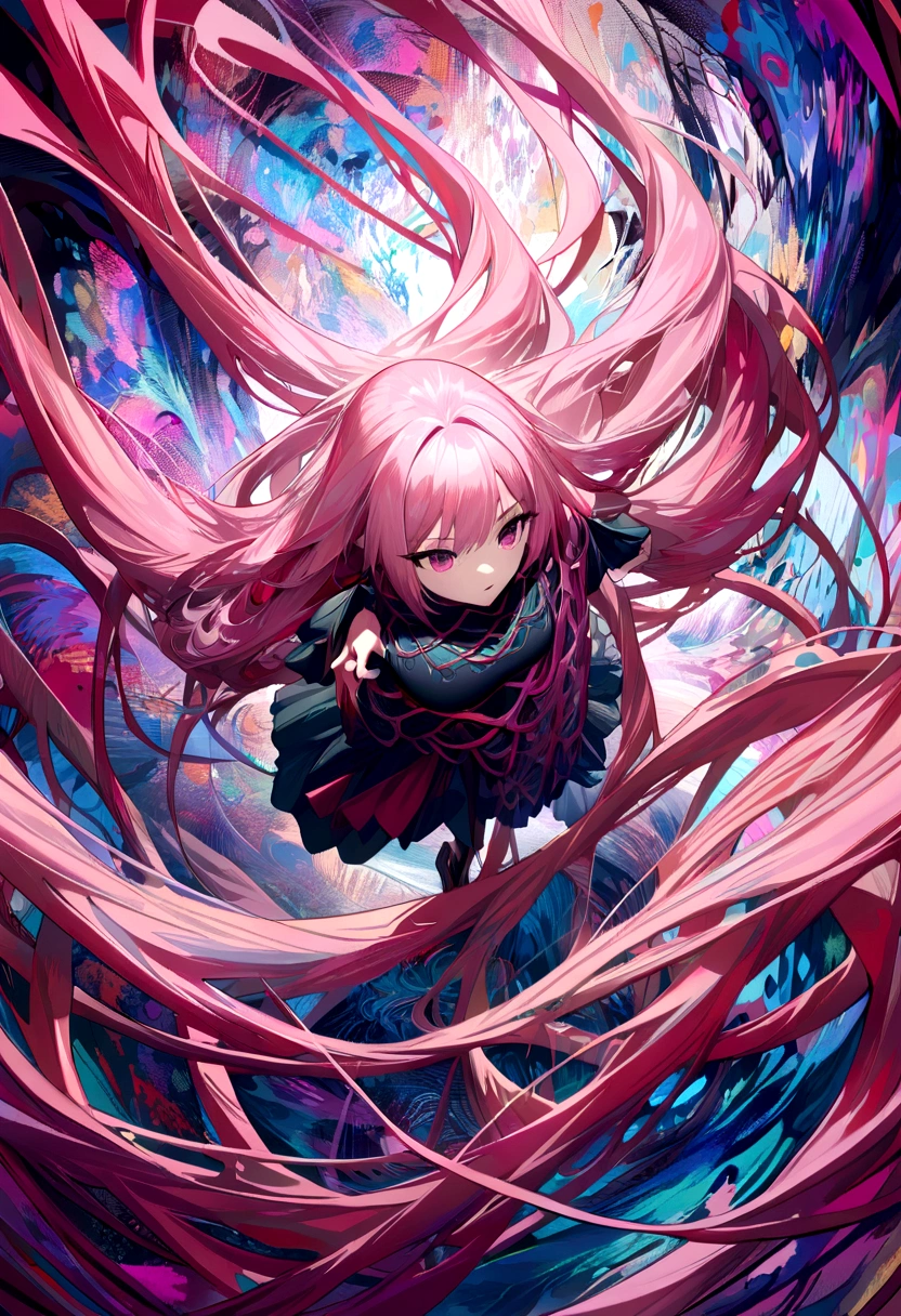 ((masterpiece:1.2, Highest quality)), Super detailed, Ultra-precise depiction, Ultra-detailed depiction, (Tangled:1.2), (Dynamic pose), (Abstract background:1.5), Wavy long hair, Pink Hair, One girl, colorful, Portraiture, (From above:1.2)
