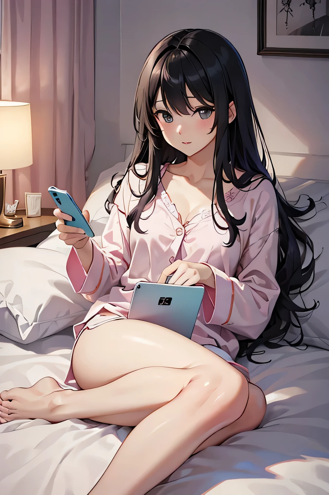 I'm looking at my phone、high resolution、Highest quality、pretty girl、Cute room、Lying on the bed、I'm reading manga on my phone、Fluffy and soft loungewear、pajamas、Jurapique、Prone、Holding your phone in your hand、Black Hair、