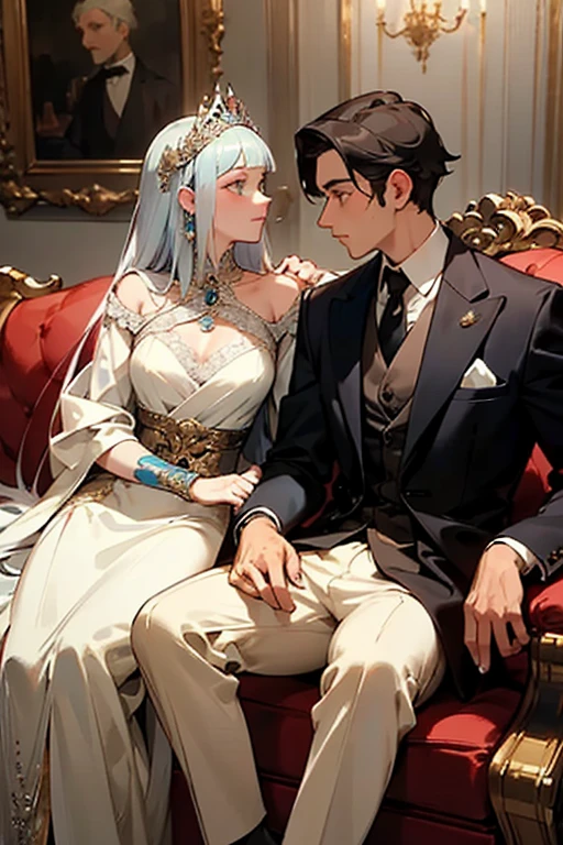 An ancient princess sat side by side with a man dressed in men's clothing, elegant and luxurious((best quality)), ((masterpiece)), (detailed), perfect face
