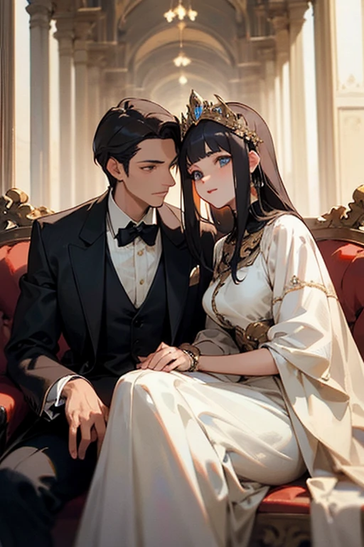 An ancient princess sat side by side with a man dressed in men's clothing, elegant and luxurious((best quality)), ((masterpiece)), (detailed), perfect face