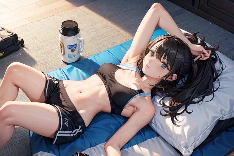 Open clothes+sports bra,
Full Body Shot.,