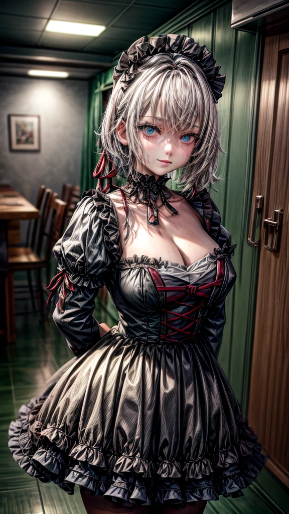 (cowboy shot), sfw, (masterpiece), (best quality:1.0), (ultra highres:1.0), detailed eyes, BREAK , MissMartianYJ, green skin, short hair, 1girl, sweet_ta, BREAK, (street, indoors, gorgeous view)