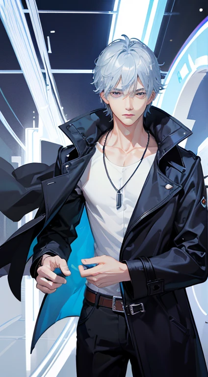 high quality、Transcendent Beautiful Boy、cool handsome guy、(shiny blue hair)、、(straight short hair)、light blue eyes、dark spot under the right eye、((black coat and silver necklace))、Jito order、clear face、Glamour