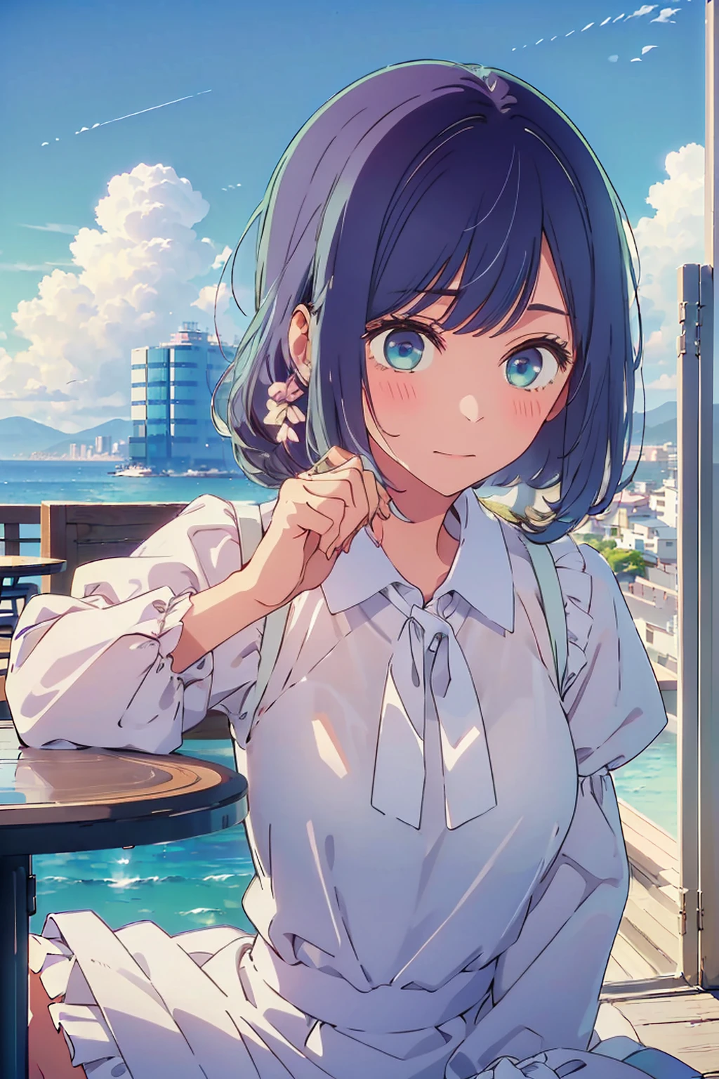 (Highest quality:1.4、8K:1.4、detailed)、F cup bust、Big Breasts、Slim body、Very white beautiful skin、((((1 person、Surprised expression、sit、Chair、In the background are the urban buildings of Tokyo、looking at the camera、Outdoor café terrace、coastal、Navy hair color、juice、A plain white short-sleeved blouse with puffy sleeves、Shooting up close、table、Very cute face))))、(Pose of putting hair behind ears with hands:1.4、Low ponytail:1.4)、Very blue sky、A completely cloudless sky