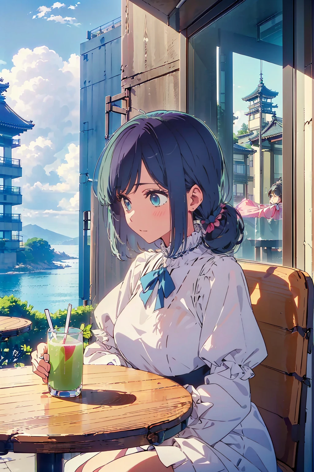 (Highest quality:1.4、8K:1.4、detailed)、F cup bust、Big Breasts、Slim body、Very white beautiful skin、((((1 person、Surprised expression、sit、Chair、In the background are the urban buildings of Tokyo、looking at the camera、Outdoor café terrace、coastal、Navy hair color、juice、A plain white short-sleeved blouse with puffy sleeves、Shooting up close、table、Very cute face))))、(Pose of putting hair behind ears with hands:1.4、Low ponytail:1.4)、Very blue sky、A completely cloudless sky