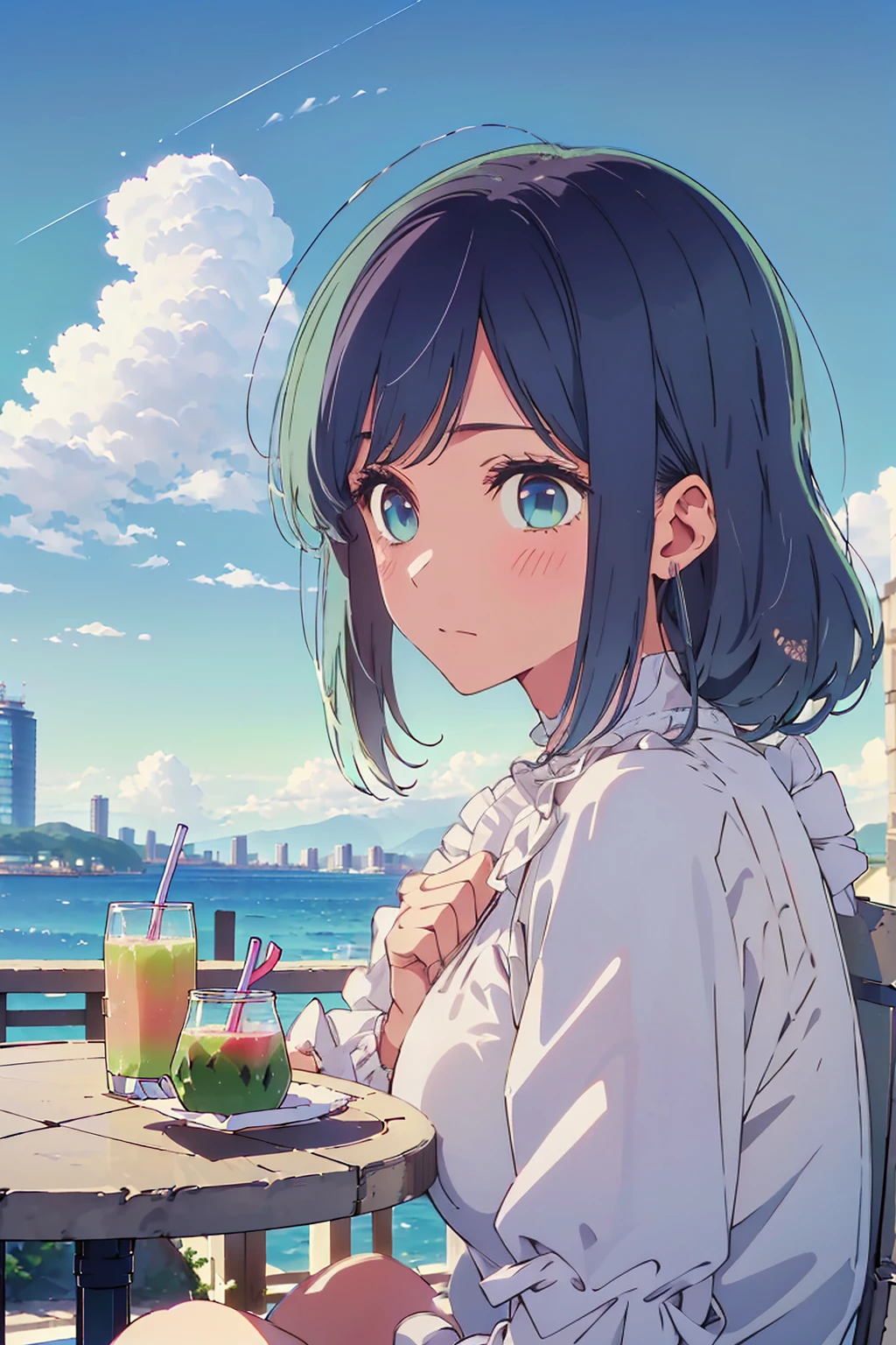 (Highest quality:1.4、8K:1.4、detailed)、F cup bust、Big Breasts、Slim body、Very white beautiful skin、((((1 person、Surprised expression、sit、Chair、In the background are the urban buildings of Tokyo、looking at the camera、Outdoor café terrace、coastal、Navy hair color、juice、A plain white short-sleeved blouse with puffy sleeves、Shooting up close、table、Very cute face))))、(Pose of putting hair behind ears with hands:1.4、Low ponytail:1.4)、Very blue sky、A completely cloudless sky