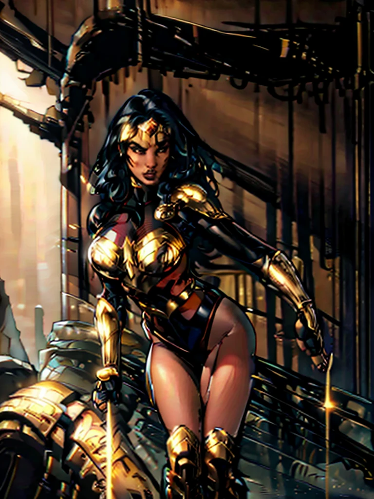 Yara Flor, dark-skinned girl, long black hair, golden tiara, black and gold leotard, armored chest piece, gold boots, mole under eye, dramatic lighting, fantasy, cinematic, highly detailed, 8k, digital painting, concept art