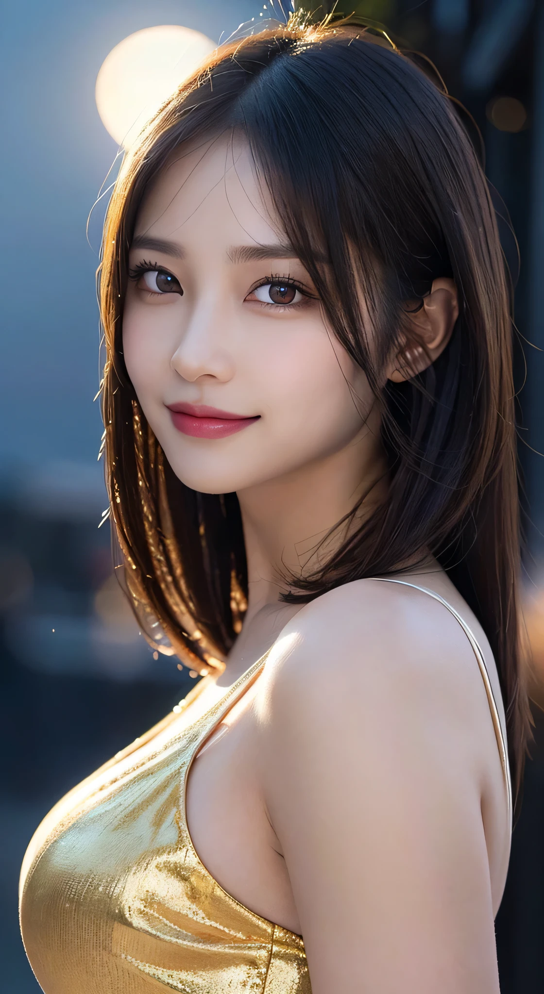 Body Portrait, 8k, Narrow and beautiful eyes, Dindal effect, masterpiece, 最high quality, high quality, High resolution, Highly detailed photos, (Natural skin texture, Fine skin, Hyperrealism, Ultra Sharpness), Skin with attention to detail, (Very fine, Fine skin texture, Intricate details, Beautiful Face, (Realistic Face), Realistic eyes, Beautiful and detailed eyes, Realistic Skin, Beautiful Skin, Surreal, Highly detailed golden ratio, Smiling Eyes, ((Night moonlight background) )), Body Portrait, G-Cup, Big Breasts, Huge breasts, Big Breasts, glamorous, evening dress,