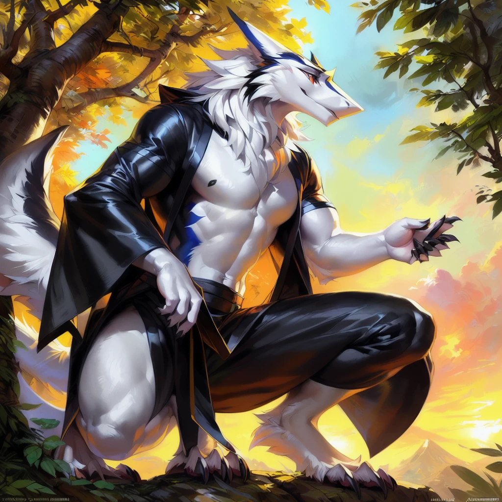 A solo sergal squatting in a all black long japanese kimono in a angelic style (very elegant) ((male)) (muscles)((black and white)) ((male) (anthro) ([sergal])), hi res, photorealism, soft shading, (detailed fur: 1.1), happy looking, (legs), (solo: 1.1), ),, tail raised, ((beautiful) eyes: 1.1), (detailed eyes: 1.1), (detailed), (masterpiece: 1.2), (athletic), good anatomy, detailed face, (by Kenket), by Ross Tran, by Michael & Inessa Garmash, by Pino Daeni, by Kiguri,  by Alena Aenami, by Ruan Jia