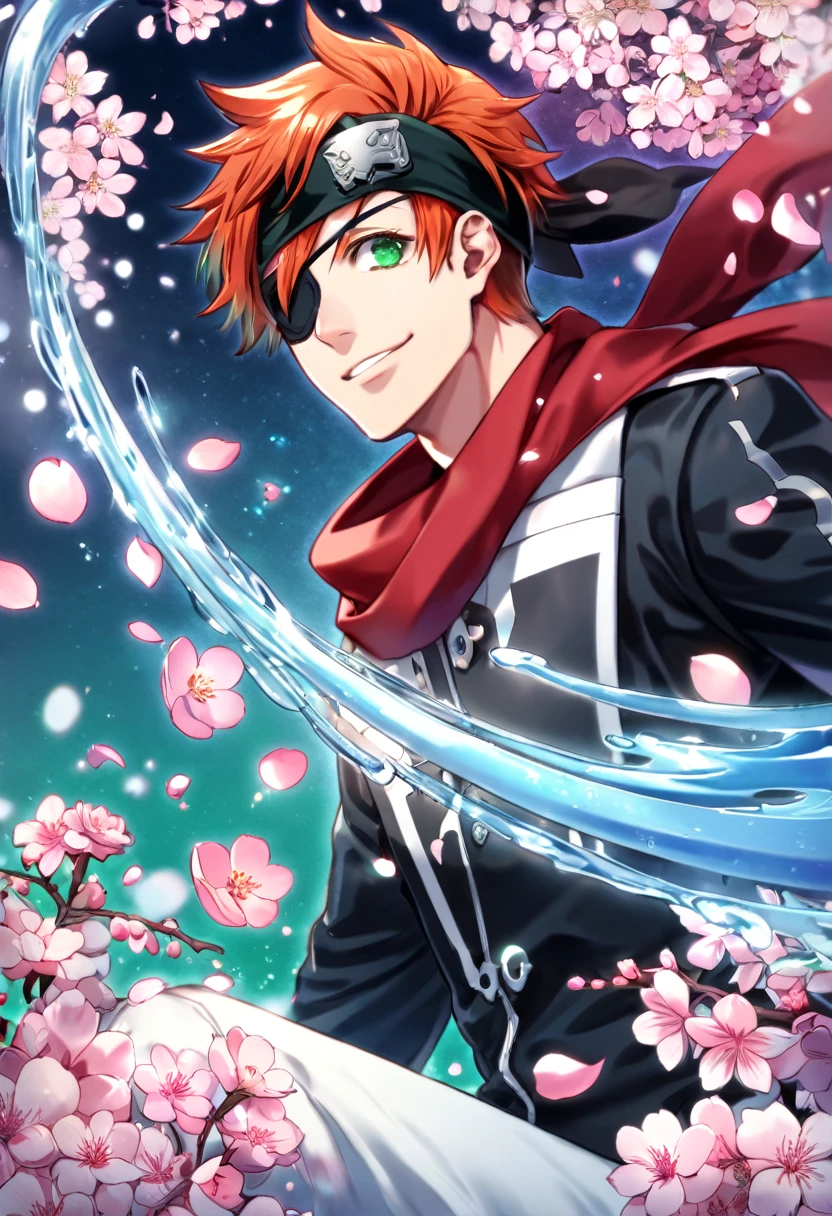 Ultra detailed, Highres, absurdres, HDR, Lavi bookman, orange hair, expressive green eye, black eye patch, D.Gray-man, red scarf, black jacket, black headband, fantasy, handsome, sexy man, solo, very detailed eyes and face, master piece, pink flowers, blossoms, pink petals, magical, water, handsome smile, shining blue fireflies, white pants,