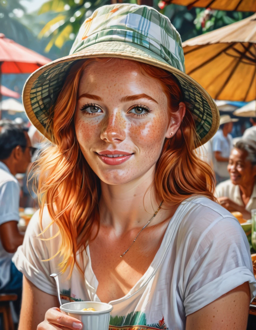 A beautiful typical freckles European Ginger Haired Backpacker Woman, wears bucket hat, unbuttoned pastel flannel with white t-shirts,, feels relaxed and unwind having a charming breakfast at traditional Balinese street food stall, everyday is Sunday in Bali, cinematic, vibrant bustling Balinese traditional market vibes in the morning, insanely intricate details, hyperrealistic oil on canvas painting,  highly influenced by Don Lawrence style, realistic style, morning lighting, cheerful, warm sunny weather, bokeh