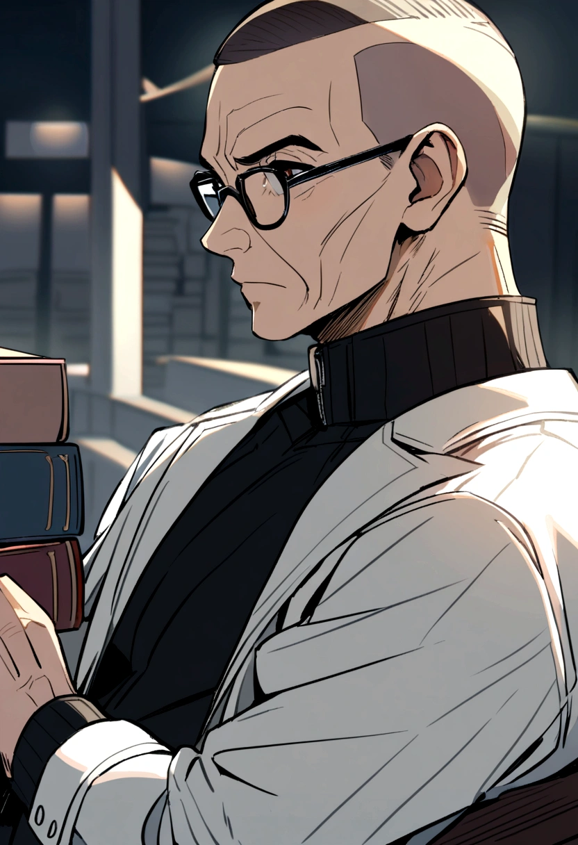 60 year old man with crew cut, brown eyes, black glasses, black high collar long sleeve shirt, white jacket, likes books