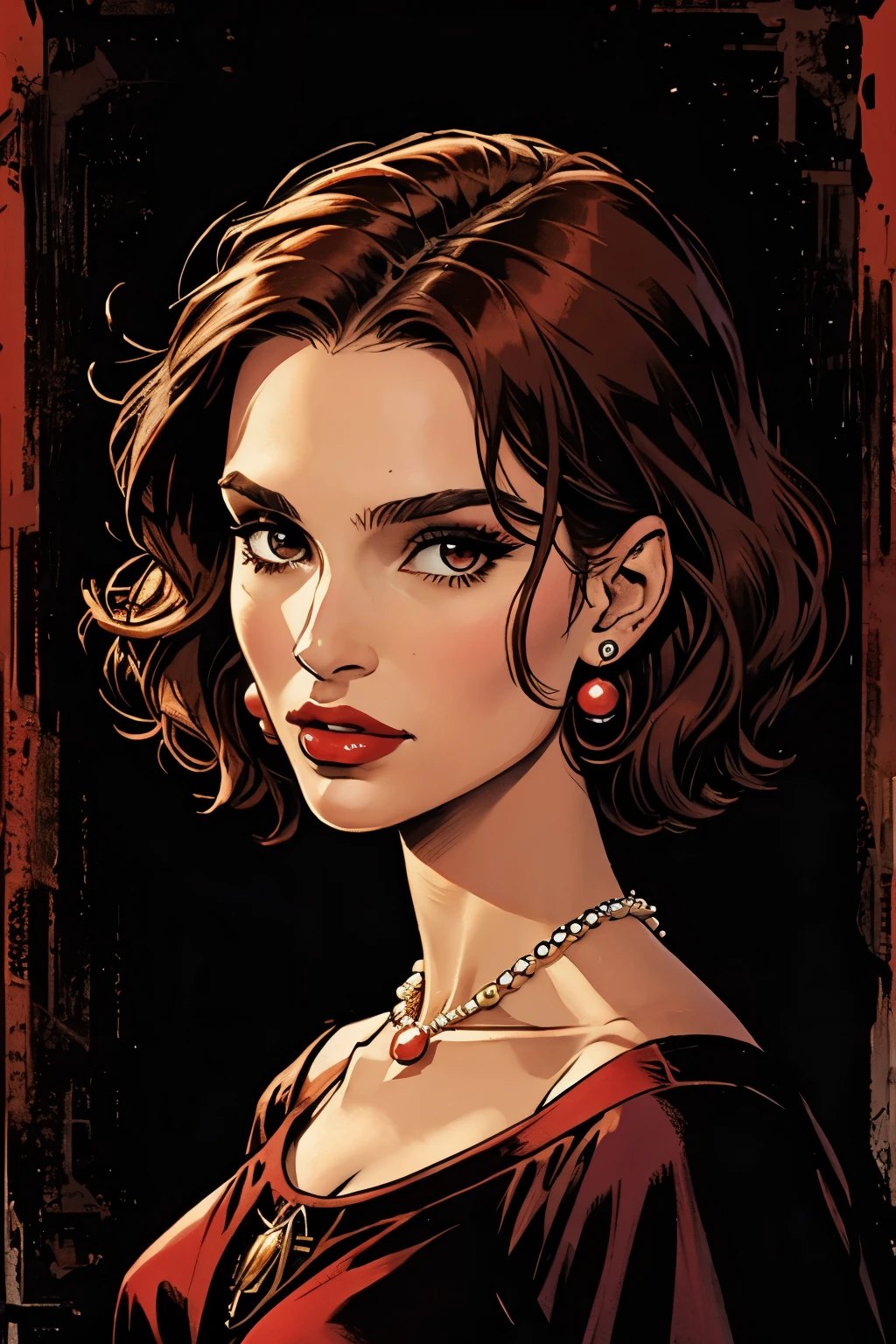 natalie portman, oil painting, renascentist, Leonardo da Vinci, role model, Modern flair, modern clothing, pop star, great, short hair red color pearl necklace, earrings, modern makeup, red lipgloss stick, stary night, dress with black stars, ring, Defined traits  