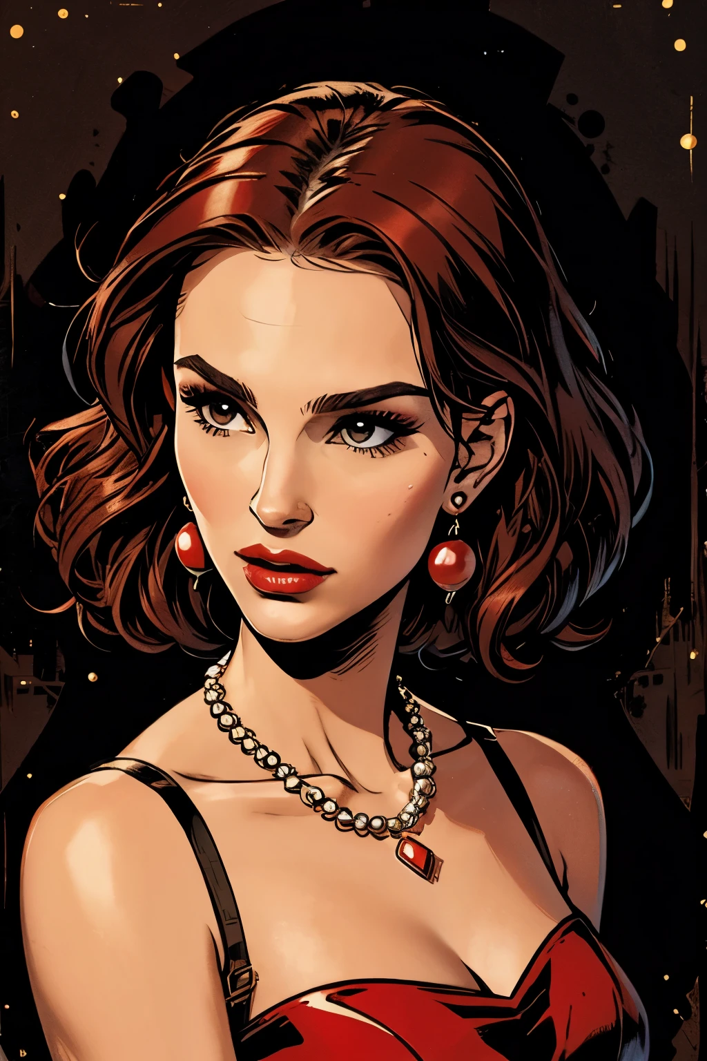 natalie portman, oil painting, renascentist, Leonardo da Vinci, role model, Modern flair, modern clothing, pop star, great, short hair red color pearl necklace, earrings, modern makeup, red lipgloss stick, stary night, dress with black stars, ring, Defined traits  