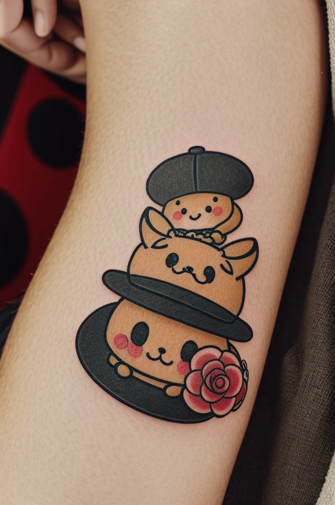 A pompompurin tattoo with its black hat instead of brown 
