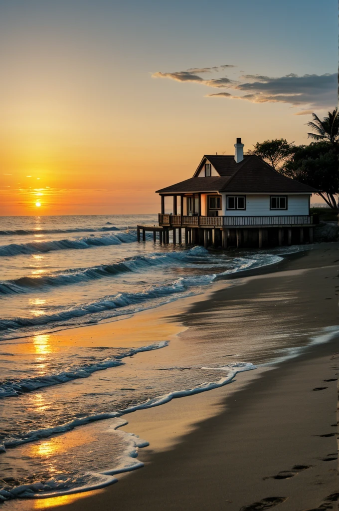 House on the seashore at sunset 