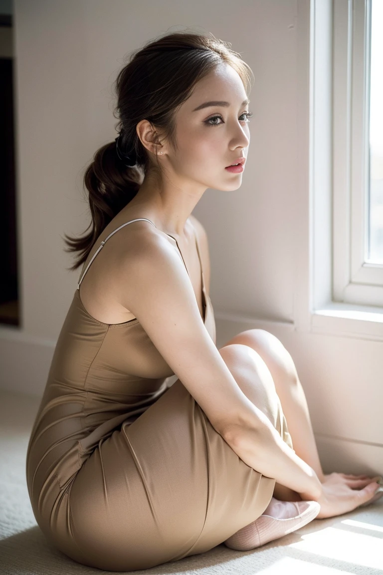 Dark brown hair、Light brown eyes、Japanese actress、 Lady、I am about 40 years old...、(Intricate details:1.2)、(Which is the top???:1.4)、 (Ultra-high resolution:1.2)、Ultra-high resolution、(Finely tuned)、(Detailed facial features)、Hmph、8K resolution、D cup size breasts、Long Hair、Large windows、Extravagant space、relax、、,Full body photo、Head to toe shot、Beautiful feet、Camisole dress、Beautiful feet、A refreshing room filled with sunlight、she, household items, (plant:0.8), Fashion Hub, Attention to detail, Very detailed, Realistic, Hourglass Shaped Body, Obscene pose,、、私 cry a lot、tears、White wall、White floor、diagonally from below、please lift your chin、relaxした表情、Pose of Weakness、(auraroid photo:1.2)、From outside the window、A masterpiece of transparent painting、8K、32k、Highest quality、(Details of both eyes)、1 Girl、elegant、(ballerina :1.4)、sunset、sit、(Low - Angle、I look up and see this:1.2)、Hilarious、Looking into the camera、ballerinaのストレッチのポーズ、Leaning against the window、