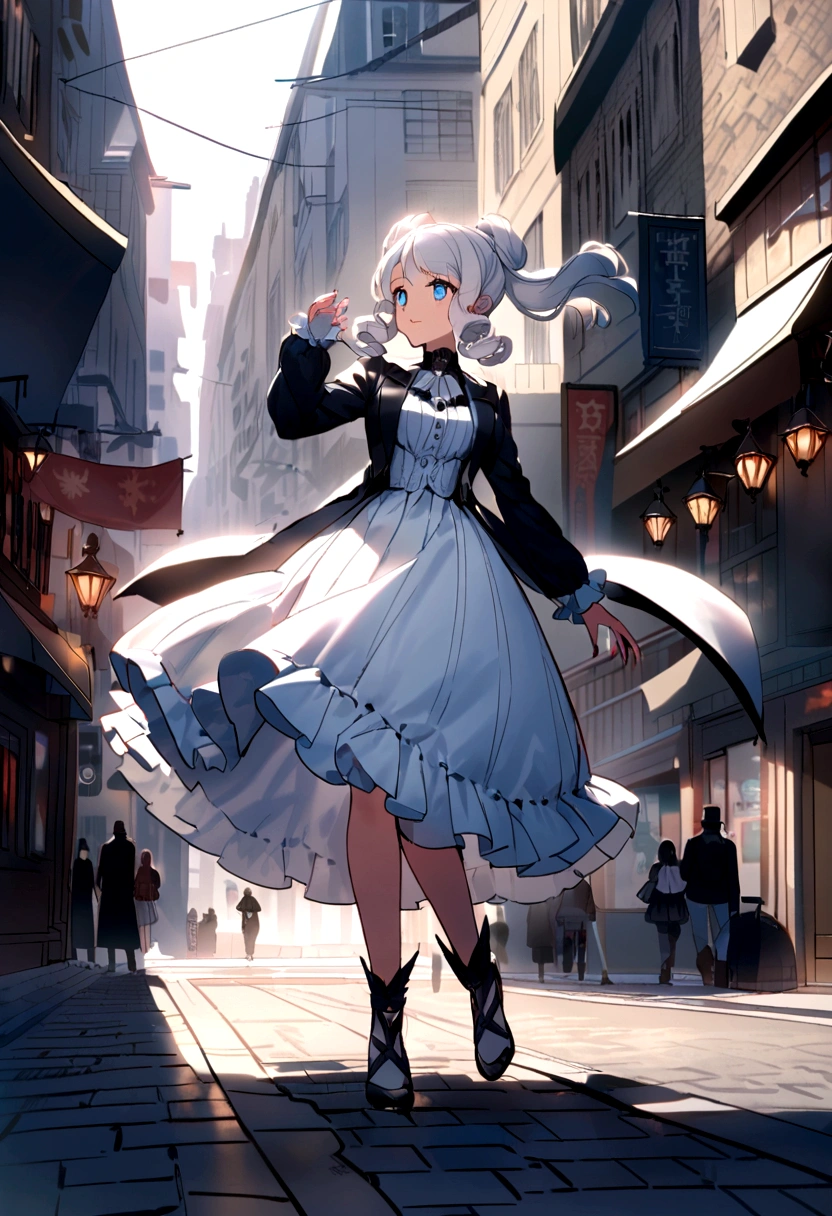 White Hair,Double ponytail curl,Blue Eye Color,White ta,Beth,Bustling city streets