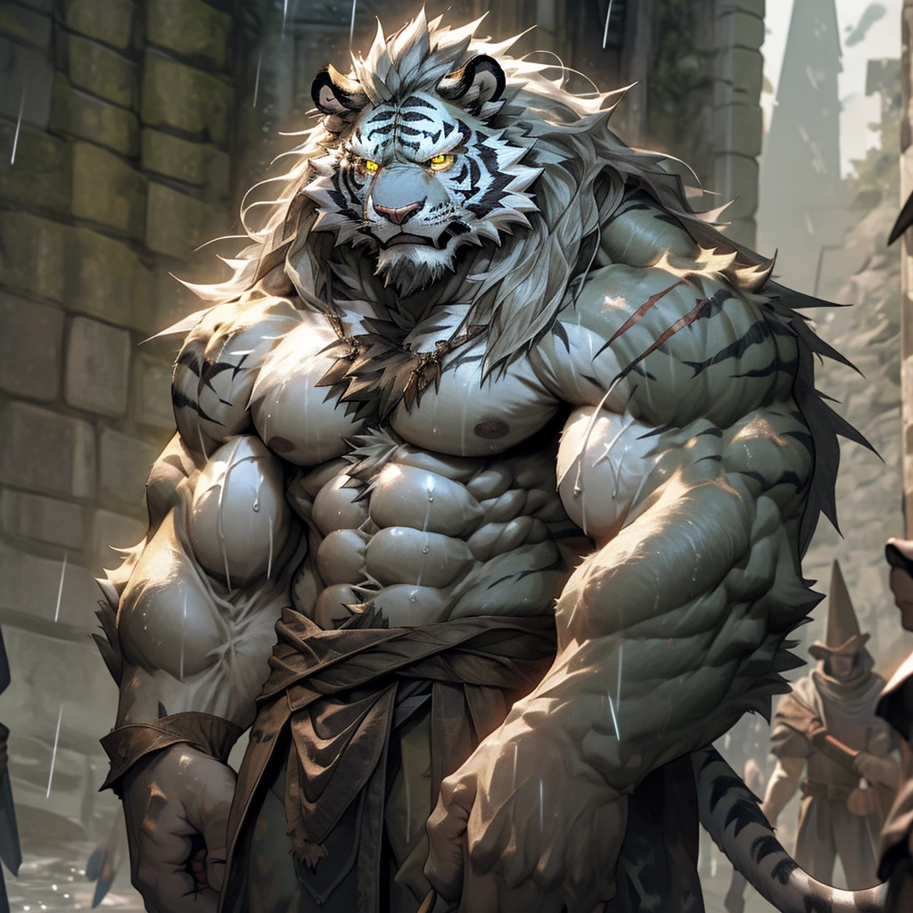 sweaty muscular torso naked raining medieval huge castle fortress hairy anthropomorphic chest hair serious face(scars in the face) Mature (Golden Eyes)Huge muscle ripped abs wild,Tribal Ambition White Tiger