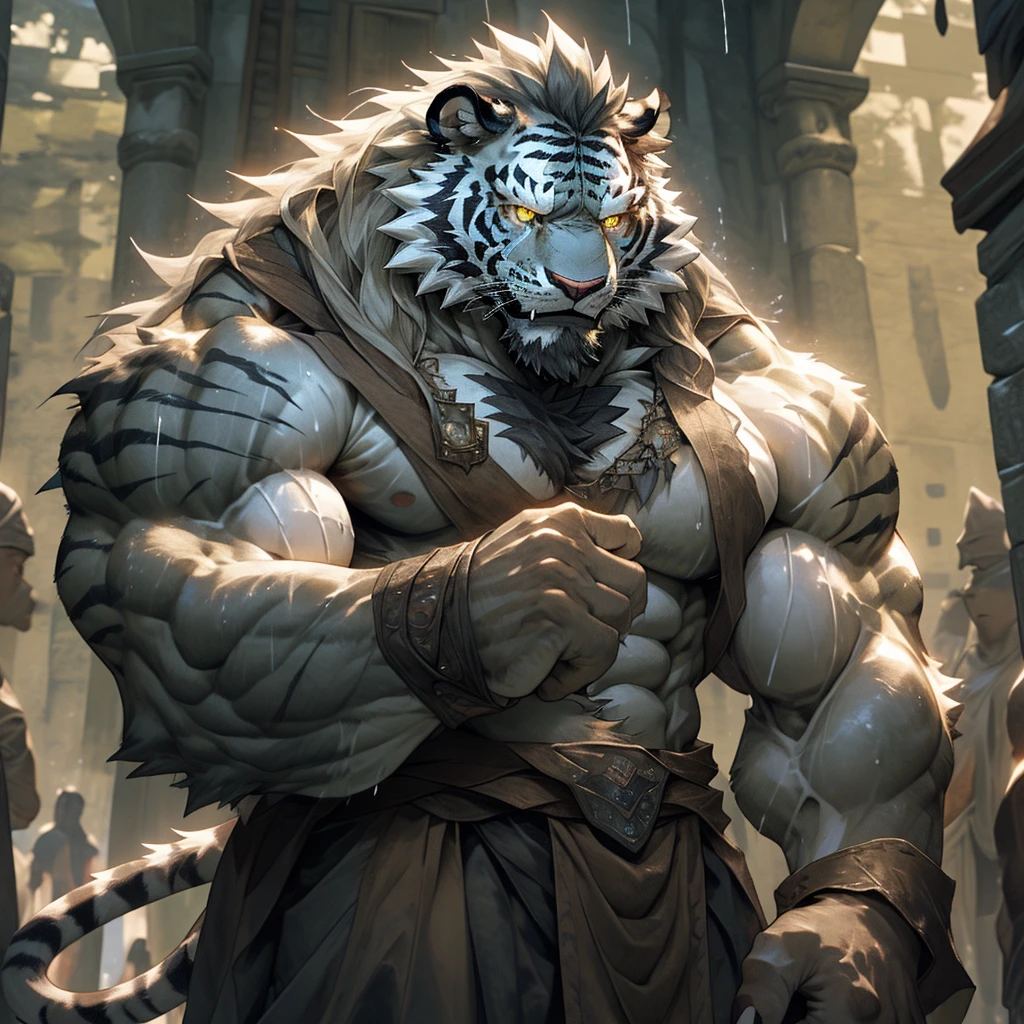 sweaty muscular torso naked raining medieval huge castle fortress hairy anthropomorphic chest hair serious face（scars in the face） Mature （Golden Eyes）Huge muscle ripped abs wild，Tribal Ambition White Tiger