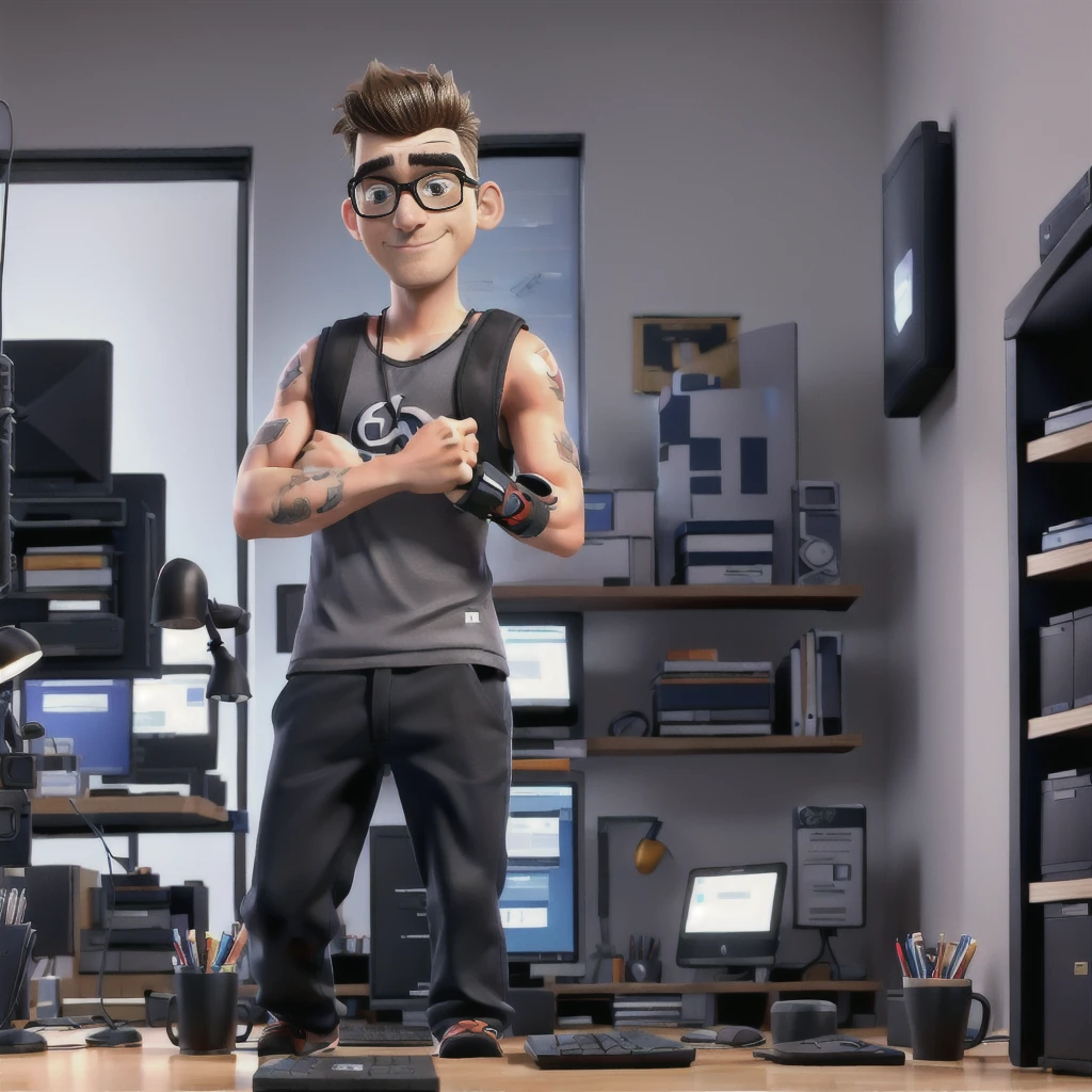 man in office working on computer in pc game without glasses 30 year old young man with tattoo on arm and nba tank top