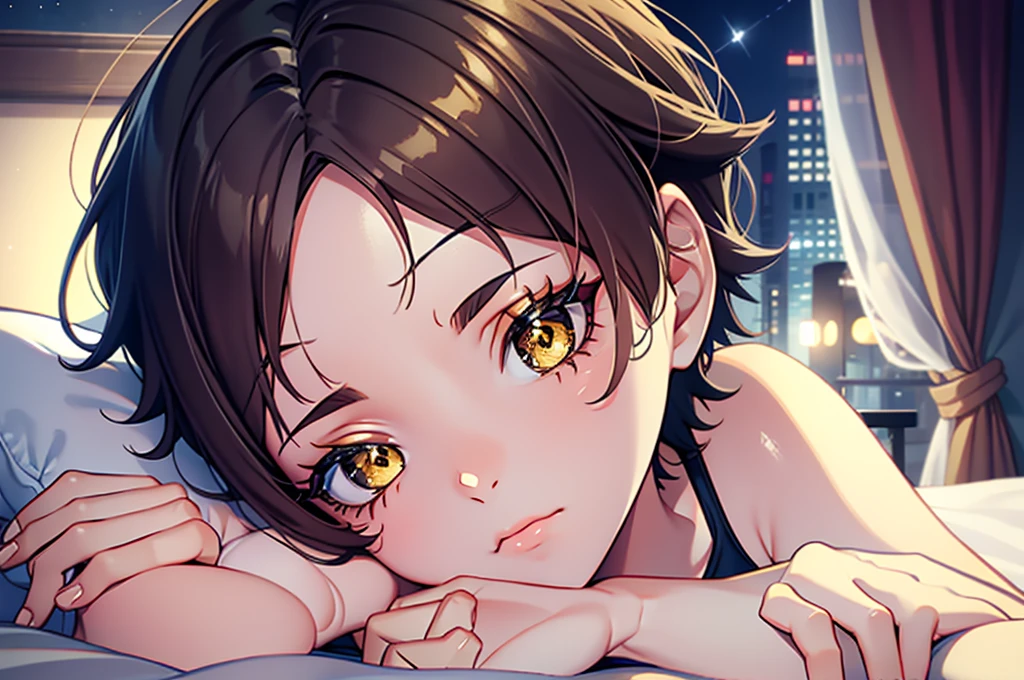 short hair, Brown Hair, Glowing yellow eyes, Perfect Lips,Sleepy look ,  Ready to sleep, Cute expression, Cute face, Lying in bed,  pajamas, pillow, Tank top, Baby Doll , Sleepy pose, Ultra detailed face, Long eyelashes, Sharp eyes , Full Body Shot, Dynamic Viewer, Night Sky , Dynamic Perspective, Different perspectives, room, Dynamic video , Lying in bed