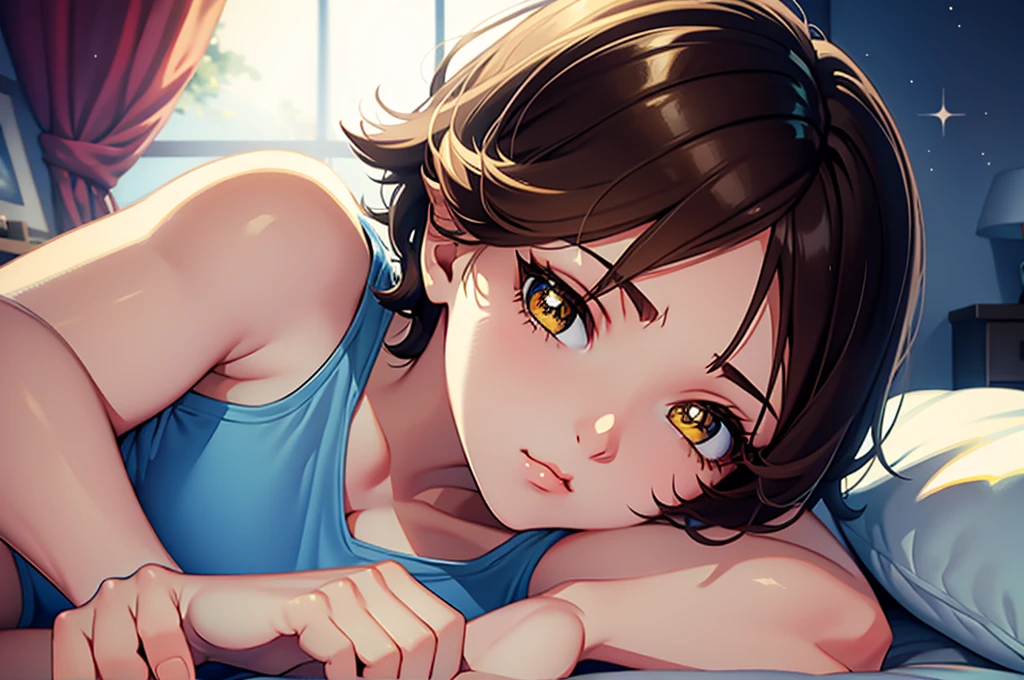 short hair, Brown Hair, Glowing yellow eyes, Perfect Lips,Sleepy look , Ready to sleep, Cute expression, Cute face, Lying in bed, pajamas, pillow, Tank top, Baby Doll , Sleepy pose, Ultra detailed face, Long eyelashes, Sharp eyes , Full Body Shot, Dynamic Viewer, Night Sky , Dynamic Perspective, Different perspectives, room, Dynamic video , Lying in bed