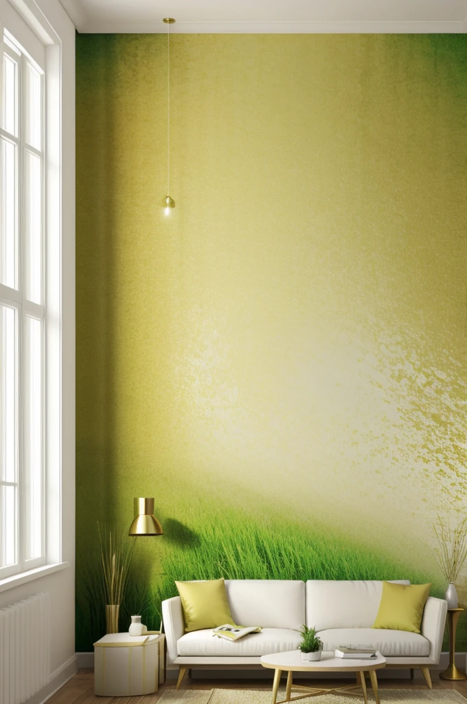 Gold color gradient wallpaper, white and green grass with arabesque shaped splashed wall