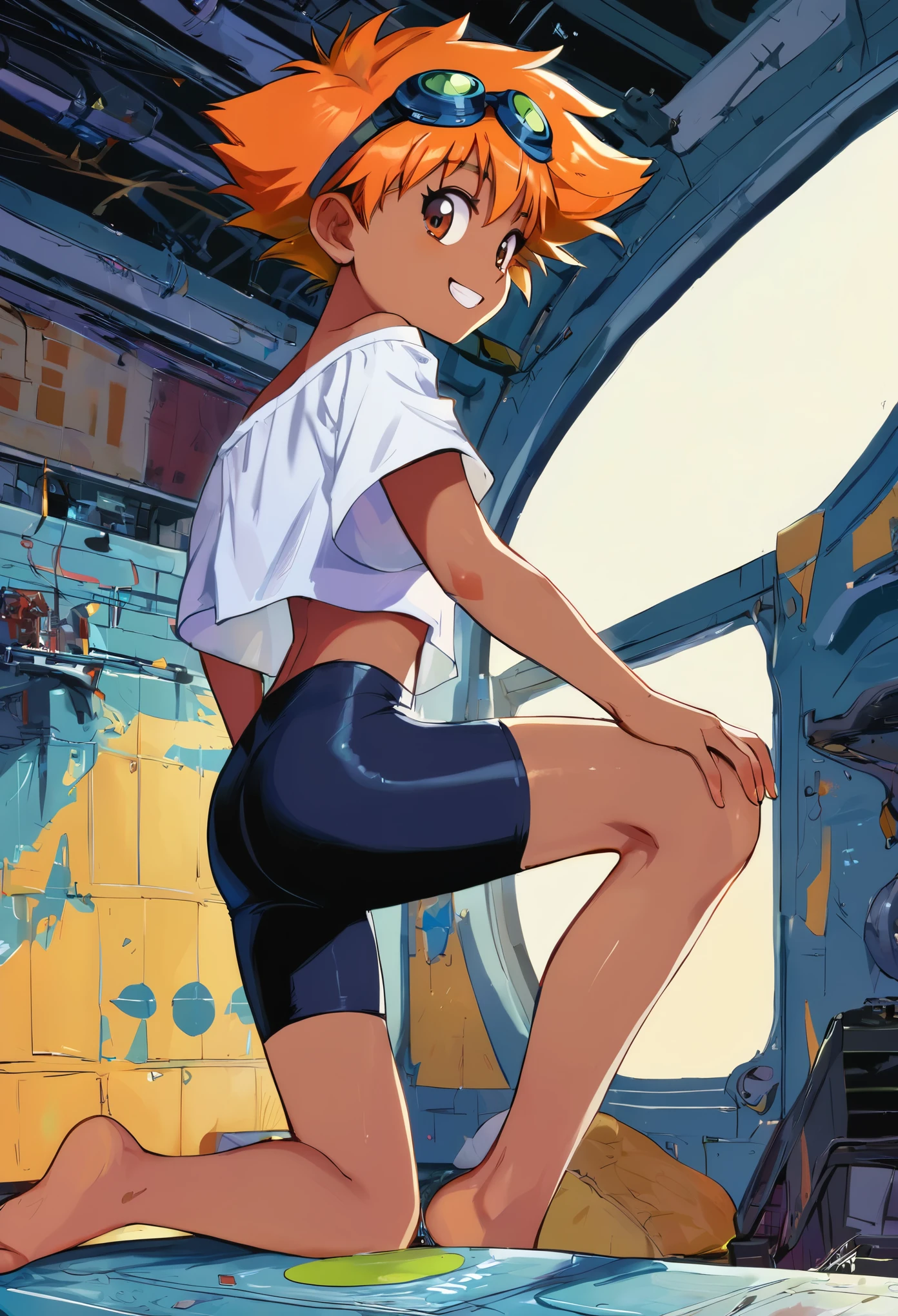 score_9,score_8_up,score_7_up,score_6_up, edwardxl, Edward, tan skin, tomboy, midriff, orange hair, (white loose shirt), off shoulder, spiked hair, barefoot, bike shorts, brown eyes, goggles on head, upper body, space station, engine room, (insanely detailed, beautiful detailed face, masterpiece, best quality) volumetric lighting, best quality, masterpiece, intricate details, tonemapping, sharp focus, hyper detailed, cute smile