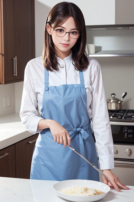 Highest quality、masterpiece、High sensitivity、High resolution、detailed、Slim Body、Glasses、apron、kitchen