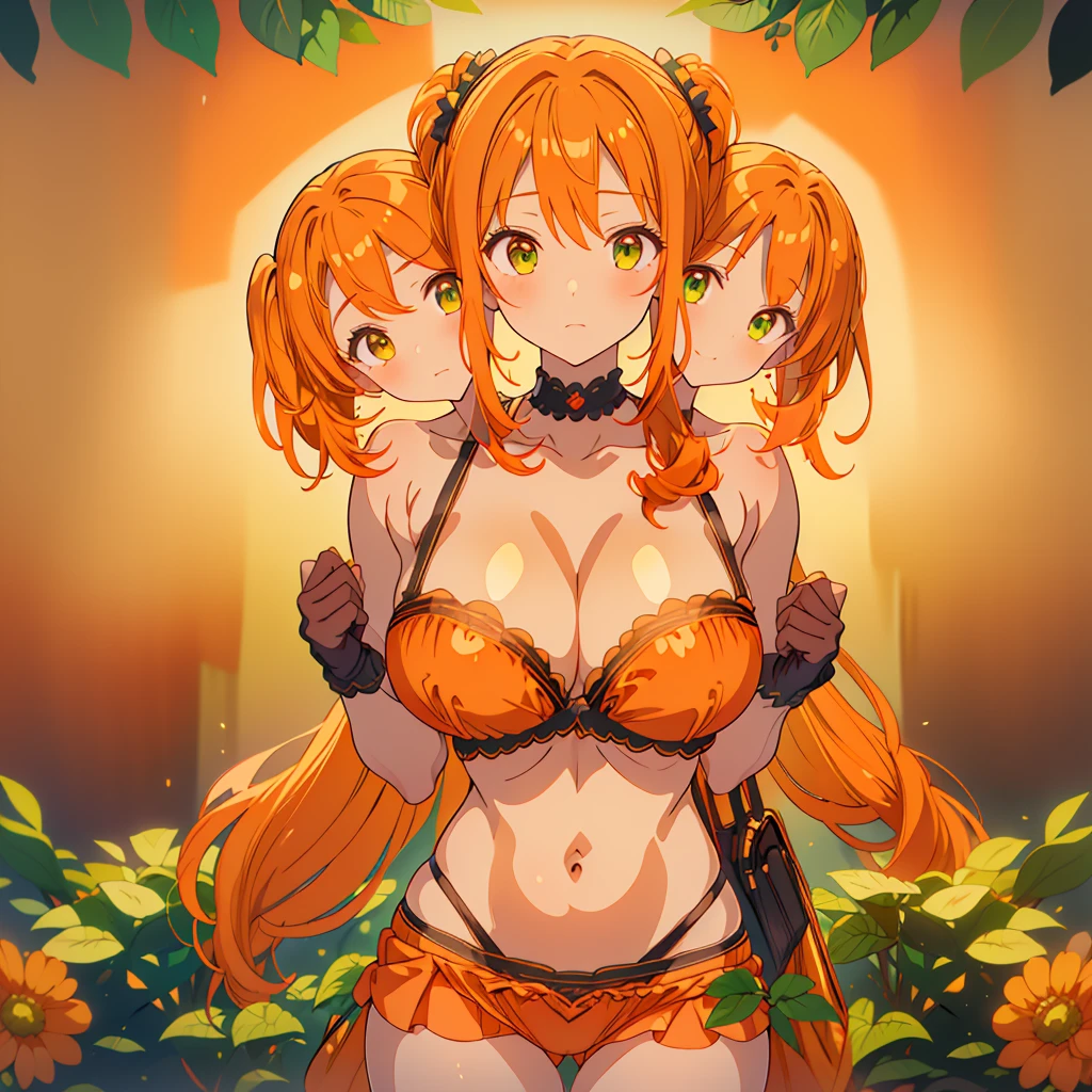 (masterpiece, best quality), best resolution, (3heads:1.5), 1girl, ((((orange hair)))), green eyes, twintails, tube top, huge chest, trap, extra heads INFO