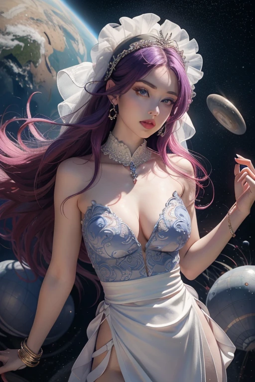 ((Best Quality)), ((masterpiece)), (Detailed), an extremely beautiful girl, with an angelic and delicate face, pronounced features, White skin, bright blue eyes, pronounced eyebrows and eyelashes, modest clothing that covers your body, fine, elegant and majestic, pale red lips, waist-length blue and purple hair, with a very surreal aura, bright and fantastic like a being from another planet, extremely charming