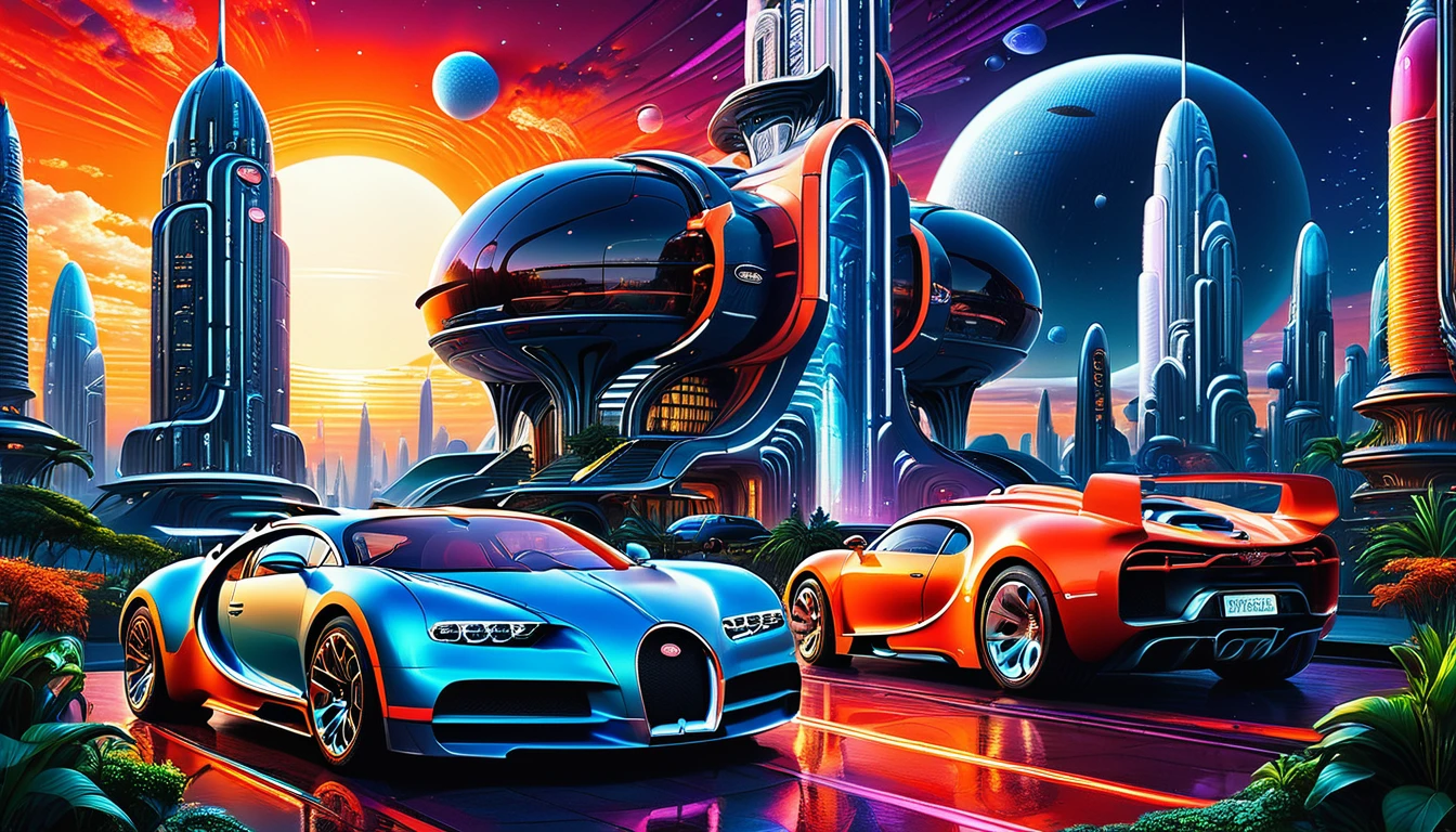 Lots of lighting in imposing skyscrapers with neon lights and holographic advertisements, flying cars (((Brand BUGATTI))) and spaceships in the sky, Concept art by Syd Mead and H..r. Giger, hyperrealistic details, Intricate design, vibrant colors pandoralnd psyland extremely high quality rAW photograph, detailed background, Intricate, Exquisite details and textures, Very detailed, ultra detailed photography, warm lighting, art station, sharp focus, high resolution, detailed skin, detailed eyes, 8k HD, dskr, high quality, film grain, Fujifilm XT3