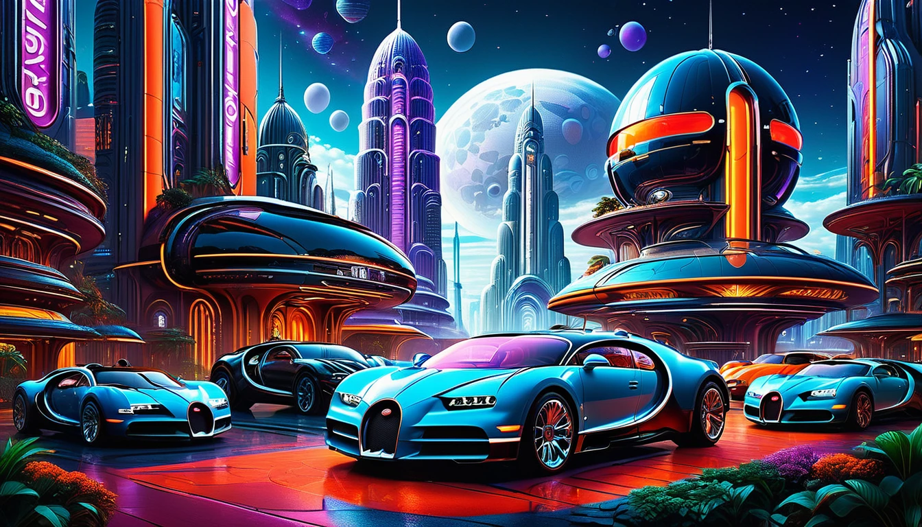 Lots of lighting in imposing skyscrapers with neon lights and holographic advertisements, flying cars (((Brand BUGATTI))) and spaceships in the sky, Concept art by Syd Mead and H..r. Giger, hyperrealistic details, Intricate design, vibrant colors pandoralnd psyland extremely high quality rAW photograph, detailed background, Intricate, Exquisite details and textures, Very detailed, ultra detailed photography, warm lighting, art station, sharp focus, high resolution, detailed skin, detailed eyes, 8k HD, dskr, high quality, film grain, Fujifilm XT3