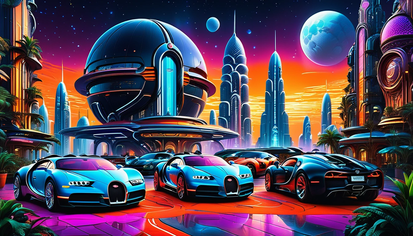 Lots of lighting in imposing skyscrapers with neon lights and holographic advertisements, flying cars (((Brand BUGATTI))) and spaceships in the sky, Concept art by Syd Mead and H..r. Giger, hyperrealistic details, Intricate design, vibrant colors pandoralnd psyland extremely high quality rAW photograph, detailed background, Intricate, Exquisite details and textures, Very detailed, ultra detailed photography, warm lighting, art station, sharp focus, high resolution, detailed skin, detailed eyes, 8k HD, dskr, high quality, film grain, Fujifilm XT3