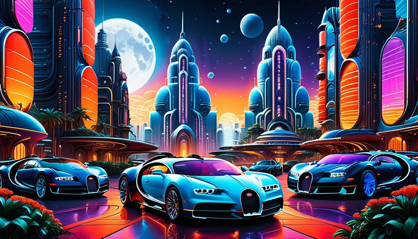 Lots of lighting in imposing skyscrapers with neon lights and holographic advertisements, flying cars (((Brand BUGATTI))) and spaceships in the sky, Concept art by Syd Mead and H..r. Giger, hyperrealistic details, Intricate design, vibrant colors pandoralnd psyland extremely high quality rAW photograph, detailed background, Intricate, Exquisite details and textures, Very detailed, ultra detailed photography, warm lighting, art station, sharp focus, high resolution, detailed skin, detailed eyes, 8k HD, dskr, high quality, film grain, Fujifilm XT3