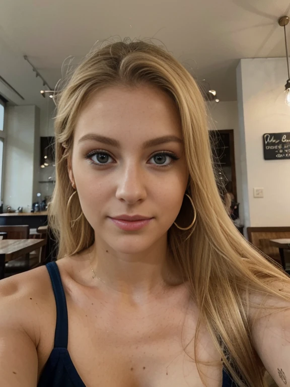 Photo of a 30 year old blond woman, that has a very natural face, thin lips, thin eyes, thin blue eyes, thin nose, earrings, long eyelashes. She makes a cute selfie in a cafe