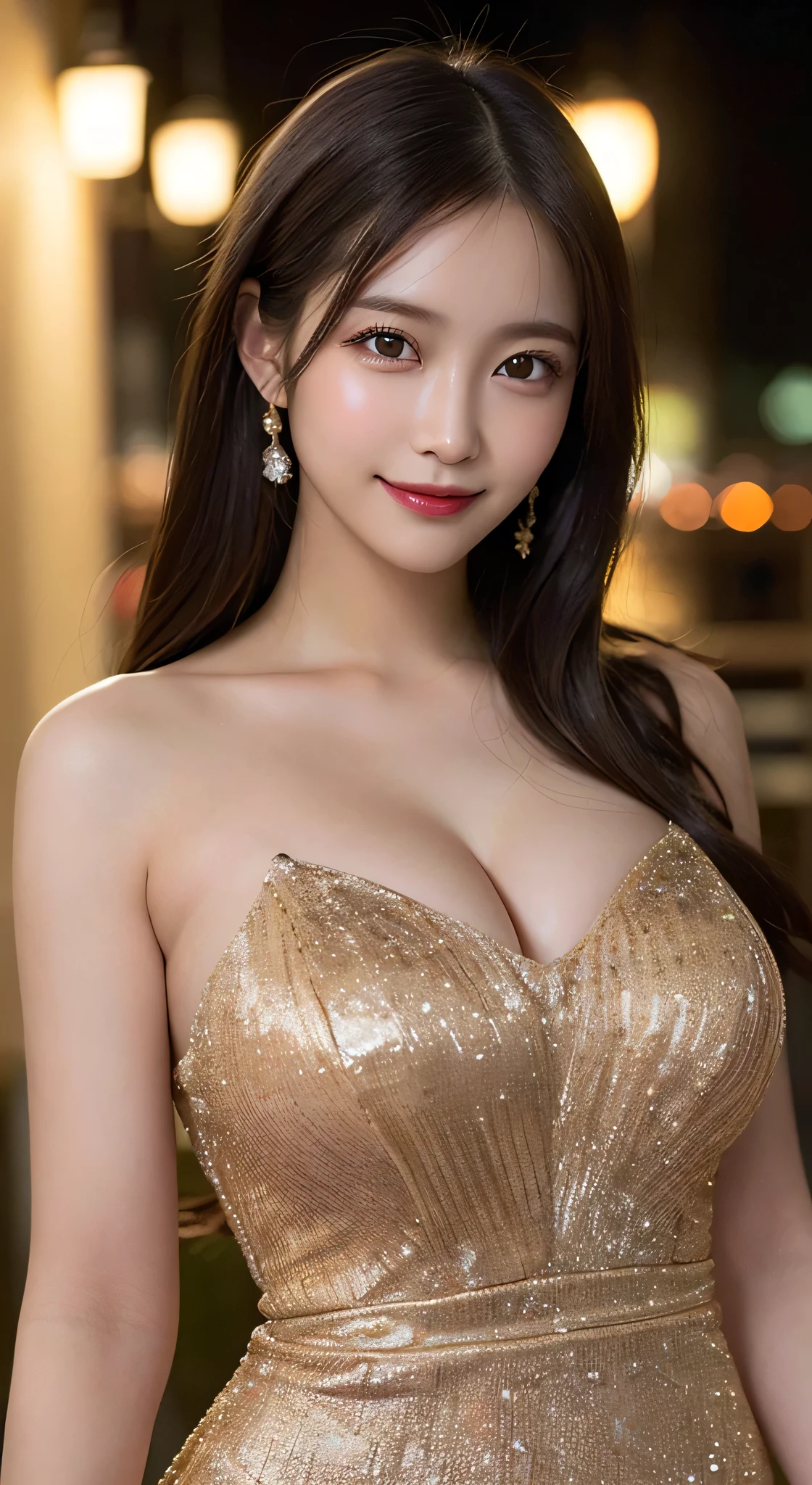 Body Portrait, 8k, Narrow and beautiful eyes, Dindal effect, masterpiece, 最high quality, high quality, High resolution, Highly detailed photos, (Natural skin texture, Fine skin, Hyperrealism, Ultra Sharpness), Skin with attention to detail, (Very fine, Fine skin texture, Intricate details, Beautiful Face, (Realistic Face), Realistic eyes, Beautiful and detailed eyes, Realistic Skin, Beautiful Skin, Surreal, Highly detailed golden ratio, Smiling Eyes, Body Portrait, G-Cup, , Huge breasts, Bits, glamoning dress:1.4)),