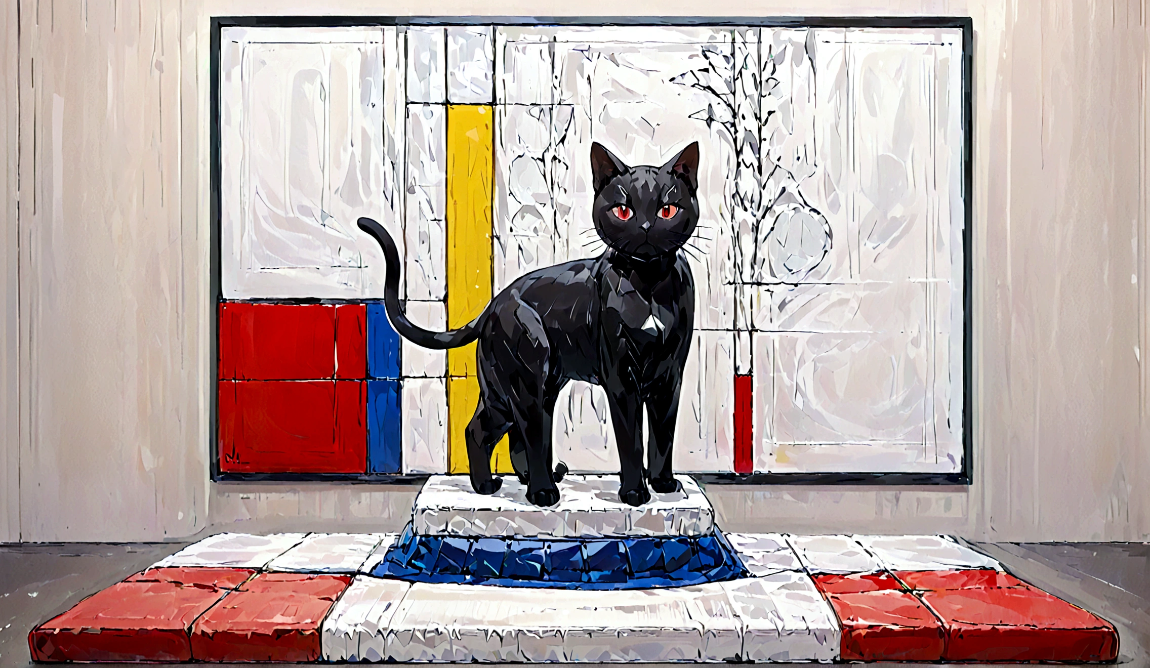 Fascinating artwork depicting cats by Piet Mondrian. The iconic Mondrian style is present, The cat is depicted in primary colors and simple geometric shapes.. The cat is depicted in a balanced composition with black., white, and red, Against a contrasting background. The Painting exudes a sense of modern art and minimalism, The subject adds a playful touch., Painting