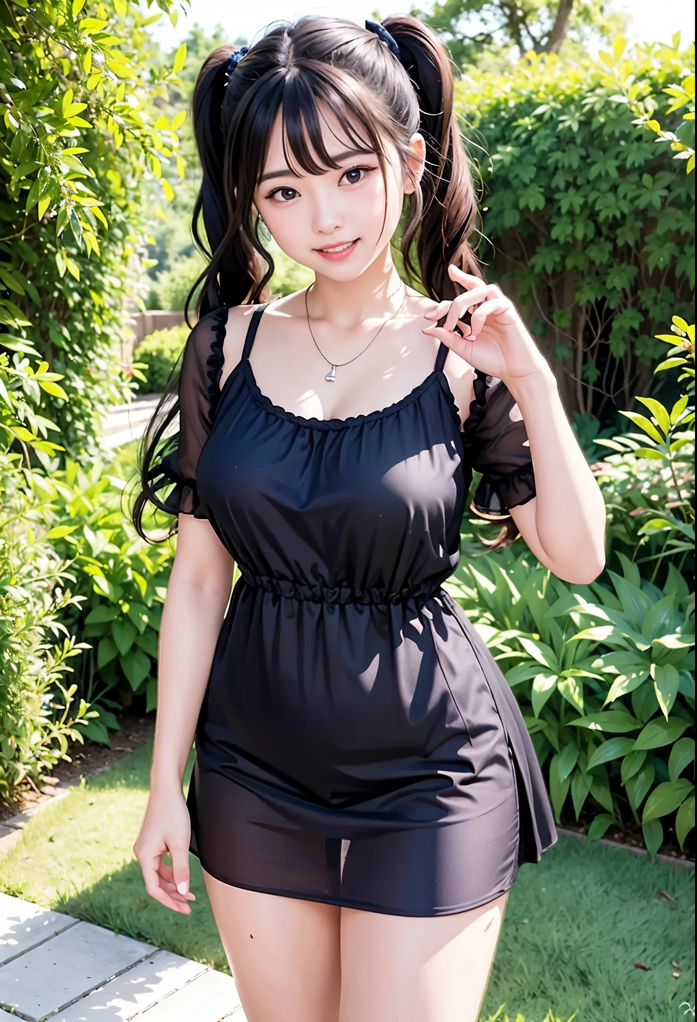((masterpiece)), ((highest quality、Ultra high definition)), (Very detailed),8k、Photo quality、((Amazingly cute girl)),16-year-old girl)), Two people, , (Beautiful emerald blue eyes), (smile、Small breasts),In the open-air bath overlooking the sea, Beautifully arranged black hair in twin tails、Slim Body、(((Cute swimsuit with lace and frills)))、Professional Lighting、(White lace knee-highore detailed and beautiful)、(More details and cutenesore realistic)、((Just wear light clothing))、Frolic in the pool、((unbelievably cute))、((A cute pose))、((Front and back view))、
