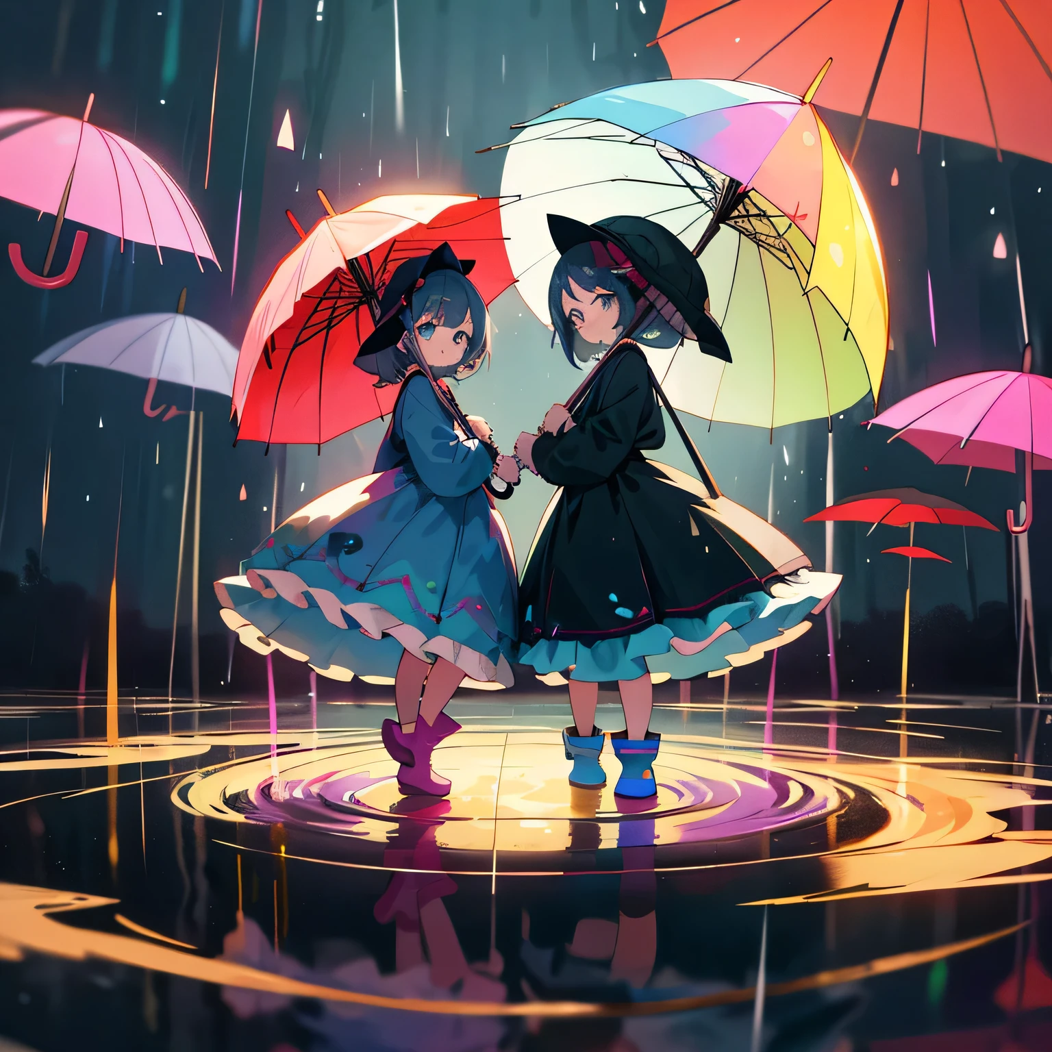 (Highest quality、masterpiece、Surreal)Twin girls holding umbrellas and wearing rain boots,whole body,it&#39;s raining,Hydrangea flowers、Twinkle Star,petal