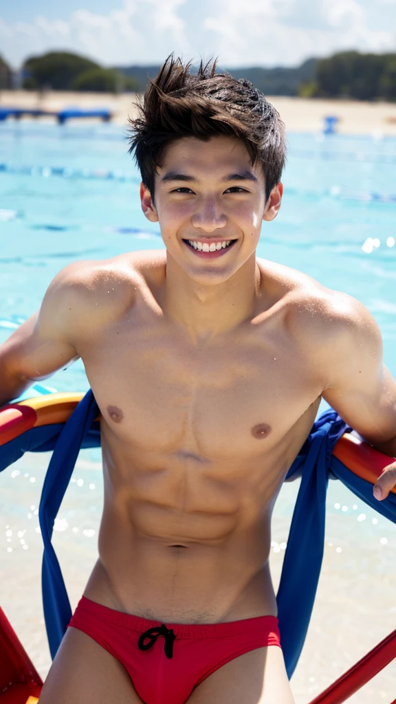 male Age 23 swimwear lifeguard topless smile