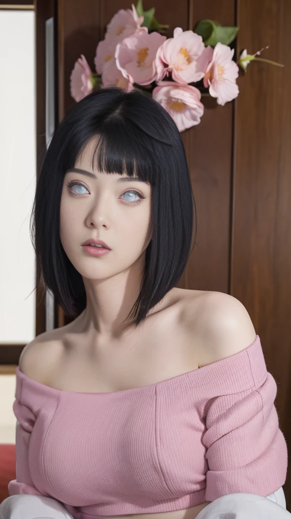 hinata, naked, ribbon on the neck, Skinny body, small bust, very feminine,