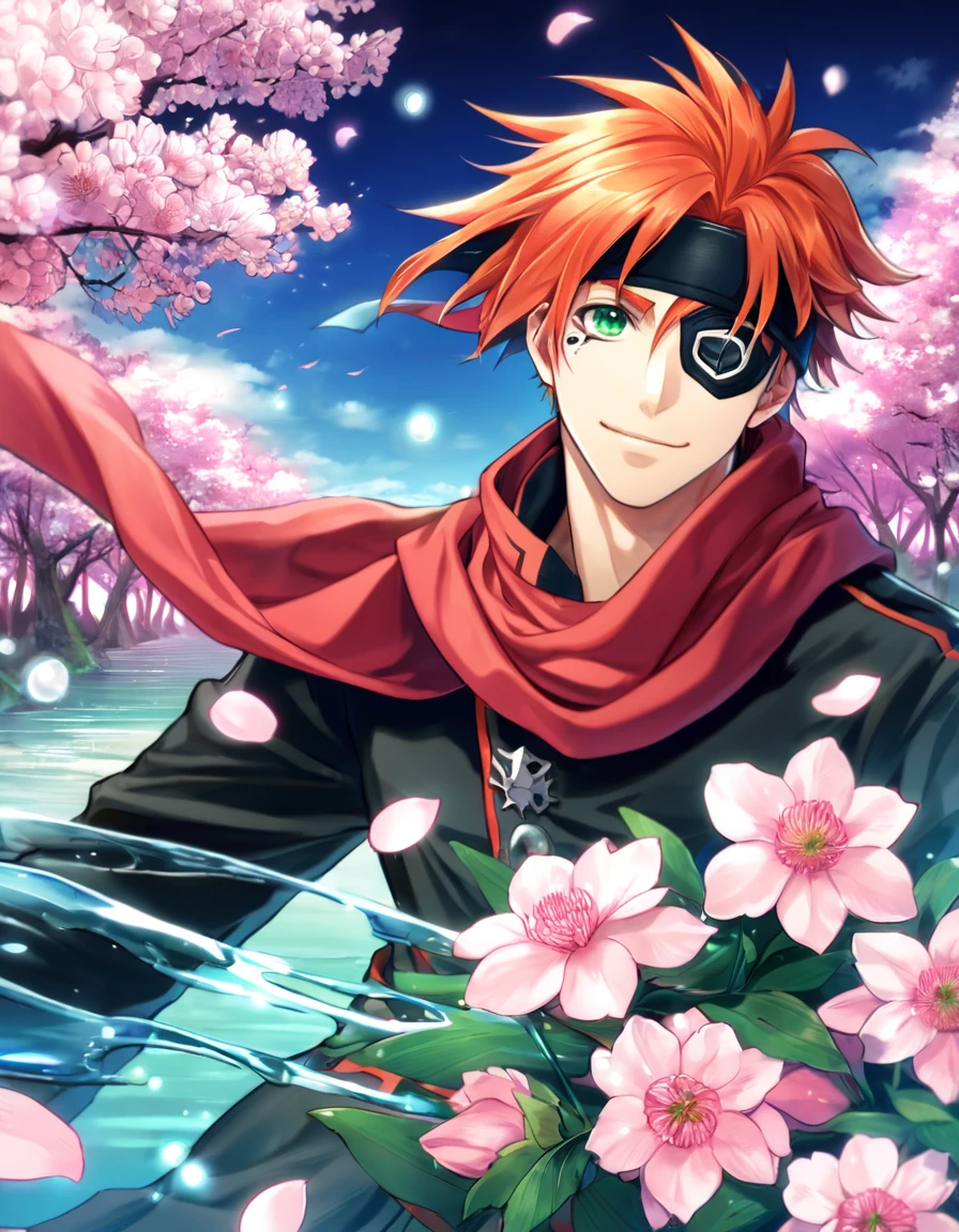 Ultra detailed, Highres, absurdres, HDR, Lavi bookman, orange hair, expressive green eye, black eye patch, D.Gray-man, red scarf, black jacket, black headband, fantasy, handsome, sexy man, solo, very detailed eyes and face, master piece, pink flowers, blossoms, pink petals, magical, water, handsome smile, shining blue fireflies,