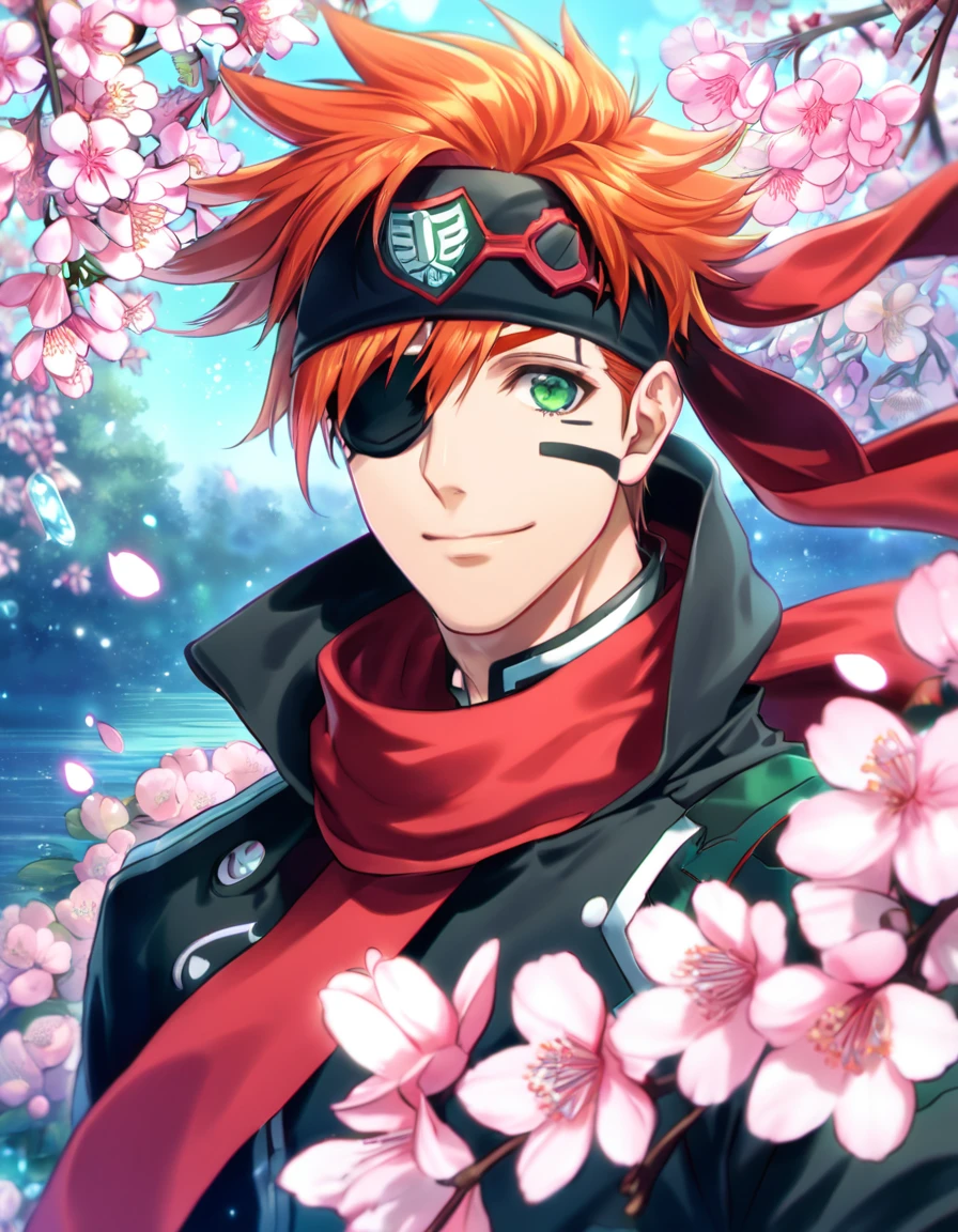 Ultra detailed, Highres, absurdres, HDR, Lavi bookman, orange hair, expressive green eye, black eye patch, D.Gray-man, red scarf, black jacket, black headband, fantasy, handsome, sexy man, solo, very detailed eyes and face, master piece, pink flowers, blossoms, pink petals, magical, water, handsome smile, shining blue fireflies,