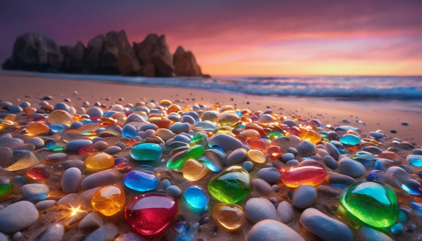 8k wallpaper,Rainbow Colors,Crystal clear pebbles,Beach,Glowing Pebbles,Fantastic lighting,Textured pebbles